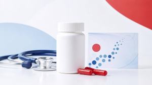 Ilustração de Frasco de suplemento de vitamina B12, cápsulas e resultado de exame laboratorial em composição editorial limpa
