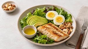 Ilustração de Prato equilibrado para dieta cetogênica com salada verde, abacate, ovos, peixe e azeite