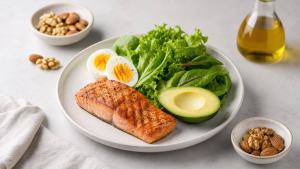 Ilustração de Prato equilibrado para dieta cetogênica com salmão, abacate, ovos, folhas verdes e castanhas