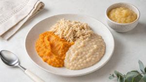 Ilustração de Prato com purê de legumes, creme de feijão e alimento proteico triturado, representando uma dieta cremosa equilibrada