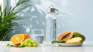 Copo de água ao lado de uma garrafa reutilizável e alimentos naturais em uma mesa clara