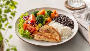Prato simples e equilibrado com arroz, feijão, legumes e salada em mesa clara, representando alimentação saudável sem dietas restritivas