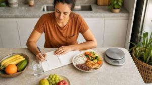 Pessoa planejando refeições saudáveis com caderno de pontuação, frutas, legumes e balança de cozinha sobre a mesa