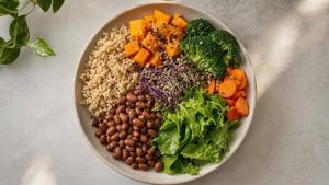 Ilustração de Prato macrobiótico com arroz integral, feijão, legumes cozidos e verduras em composição limpa