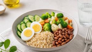 Ilustração de Prato equilibrado com salada de pepino, ovos cozidos, arroz integral e feijão em mesa clara