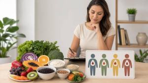 Ilustração de Profissional de nutrição analisando alimentos naturais e uma ilustração discreta de tipos sanguíneos