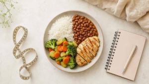 Ilustração de Pessoa avaliando um prato equilibrado com legumes, arroz, feijão e proteína, representando escolhas alimentares seguras para emagrecer.