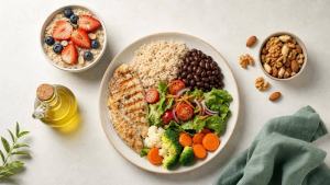 Prato equilibrado com aveia, frutas, legumes, feijão, peixe e azeite representando a Dieta TLC