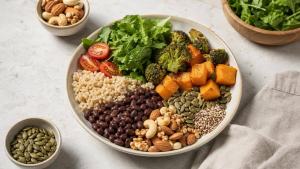 Prato vegano equilibrado com arroz integral, feijão, legumes assados, folhas e sementes em composição limpa