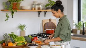 Ilustração de Pessoa adulta preparando uma refeição equilibrada com alimentos naturais em cozinha clara e organizada