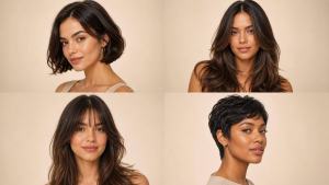 Ilustração de Mulher em salão com quatro inspirações sutis de cortes de cabelo femininos atemporais em composição editorial