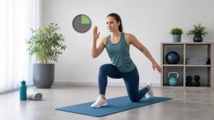 Ilustração de Pessoa praticando exercícios de HIIT em ambiente claro e moderno, com cronômetro discreto e colchonete