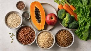 Ilustração de Alimentos ricos em fibras organizados em uma mesa, com aveia, feijão, frutas, verduras e sementes