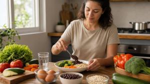 Ilustração de Pessoa preparando uma refeição equilibrada com legumes, grãos e fonte de proteína em uma cozinha iluminada