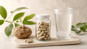 Frasco neutro de cápsulas de glucomannan ao lado de um copo de água e raiz de konjac, em composição editorial limpa.