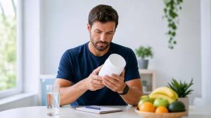 Ilustração de Pessoa analisando o rótulo de um suplemento alimentar ao lado de um copo de água e alimentos