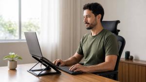 Ilustração de Profissional trabalhando em home office em mesa organizada, com notebook em suporte e ambiente iluminado