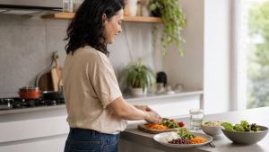 Pessoa adulta preparando uma refeição equilibrada com legumes, grãos e água em uma cozinha clara