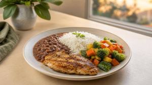 Prato equilibrado de jantar com legumes, arroz, feijão e proteína em mesa clara no início da noite
