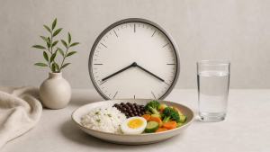 Ilustração de Relógio de mesa, copo de água e refeição equilibrada com alimentos naturais, representando o jejum intermitente de 12 horas