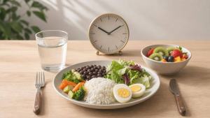 Ilustração de Pessoa organizando uma refeição equilibrada com alimentos naturais ao lado de um relógio, representando jejum intermitente