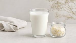 Ilustração de Copo de kefir de leite natural em mesa clara, com grãos de kefir em pequeno pote de vidro ao lado