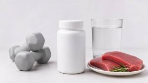 Frasco de suplemento de L-carnitina ao lado de halteres e alimentos, em composição editorial limpa