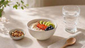 Lanche saudável com fruta, iogurte natural, aveia e castanhas em uma mesa clara