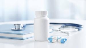 Cápsula e frasco de medicamento em ambiente clínico, representando informações sobre lisdexanfetamina