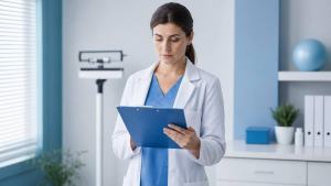 Profissional de saúde analisando informações sobre medicamento para obesidade em ambiente clínico