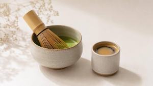 Ilustração de Tigela de matcha com batedor de bambu e uma xícara de café ao lado sobre mesa clara