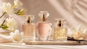 Frascos elegantes de perfume feminino em composição minimalista sobre fundo claro