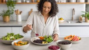 Pessoa montando um prato equilibrado com alimentos frescos em uma cozinha clara e organizada