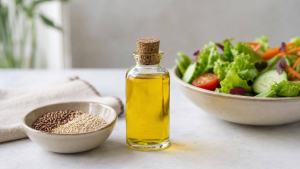 Frasco de óleo vegetal ao lado de salada colorida e ingredientes naturais em mesa clara