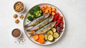 Ilustração de Prato com sardinhas assadas, legumes e nozes representando fontes alimentares de ômega-3