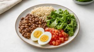 Ilustração de Prato equilibrado com ovos cozidos, verduras, tomate e feijão, representando alimentação saudável para emagrecimento