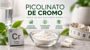 Pessoa adulta lendo o rótulo de um frasco genérico de suplemento ao lado de alimentos frescos em uma mesa de cozinha