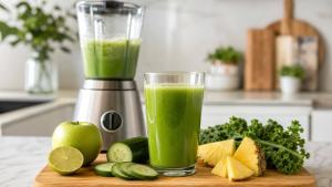 Copo de suco verde natural ao lado de frutas, pepino, folhas e liquidificador em bancada clara