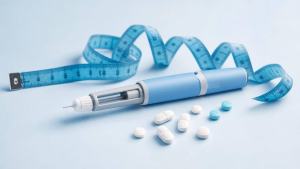 Caneta injetável e comprimidos sobre uma mesa clara ao lado de fita métrica, representando medicamentos para emagrecer com uso responsável