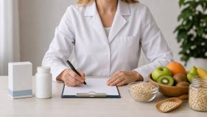 Profissional de saúde analisando opções de medicamentos e suplementos para emagrecimento em uma mesa limpa