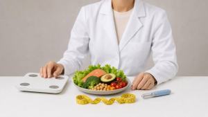 Ilustração de Profissional de saúde avaliando opções de tratamento para perda de peso com balança e alimentos saudáveis sobre uma mesa clara