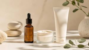 Ilustração de Frasco de sérum com retinol, hidratante e protetor solar sobre bancada clara, em composição editorial minimalista