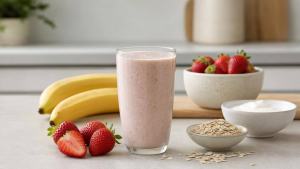 Ilustração de Shake caseiro com frutas, aveia e iogurte em copo de vidro sobre bancada clara