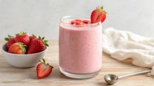 Shake de gelatina com iogurte natural e morangos em copo transparente sobre mesa clara