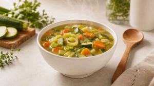 Ilustração de Tigela de sopa caseira de legumes com abobrinha, alho-poró e ervas frescas