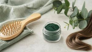 Ilustração de Pote de spirulina em pó ao lado de escova de cabelo e folhas verdes, em composição editorial limpa