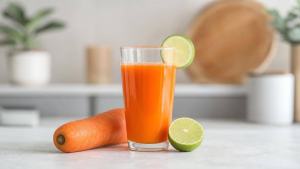 Copo de suco de cenoura com limão ao lado de cenoura fresca e limão cortado, em fundo claro