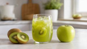 Copo de suco verde-claro com kiwi e maçã ao lado, em uma bancada clara e minimalista