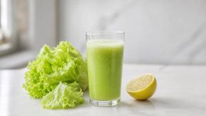Copo de suco verde-claro com folhas de alface fresca ao lado em bancada clara