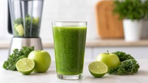 Copo de bebida verde caseira com couve, maçã e limão sobre bancada clara, ao lado de ingredientes frescos.